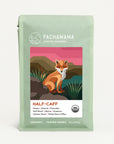 Pachamama Half-Caff coffee bag with fox illustration — single-origin organic Mexican coffee beans, medium roast, 12oz and 5lb sizes
