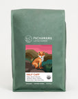 Pachamama Half-Caff coffee bag with fox illustration — single-origin organic Mexican coffee beans, medium roast, 10oz, 2lb and 5lb sizes
